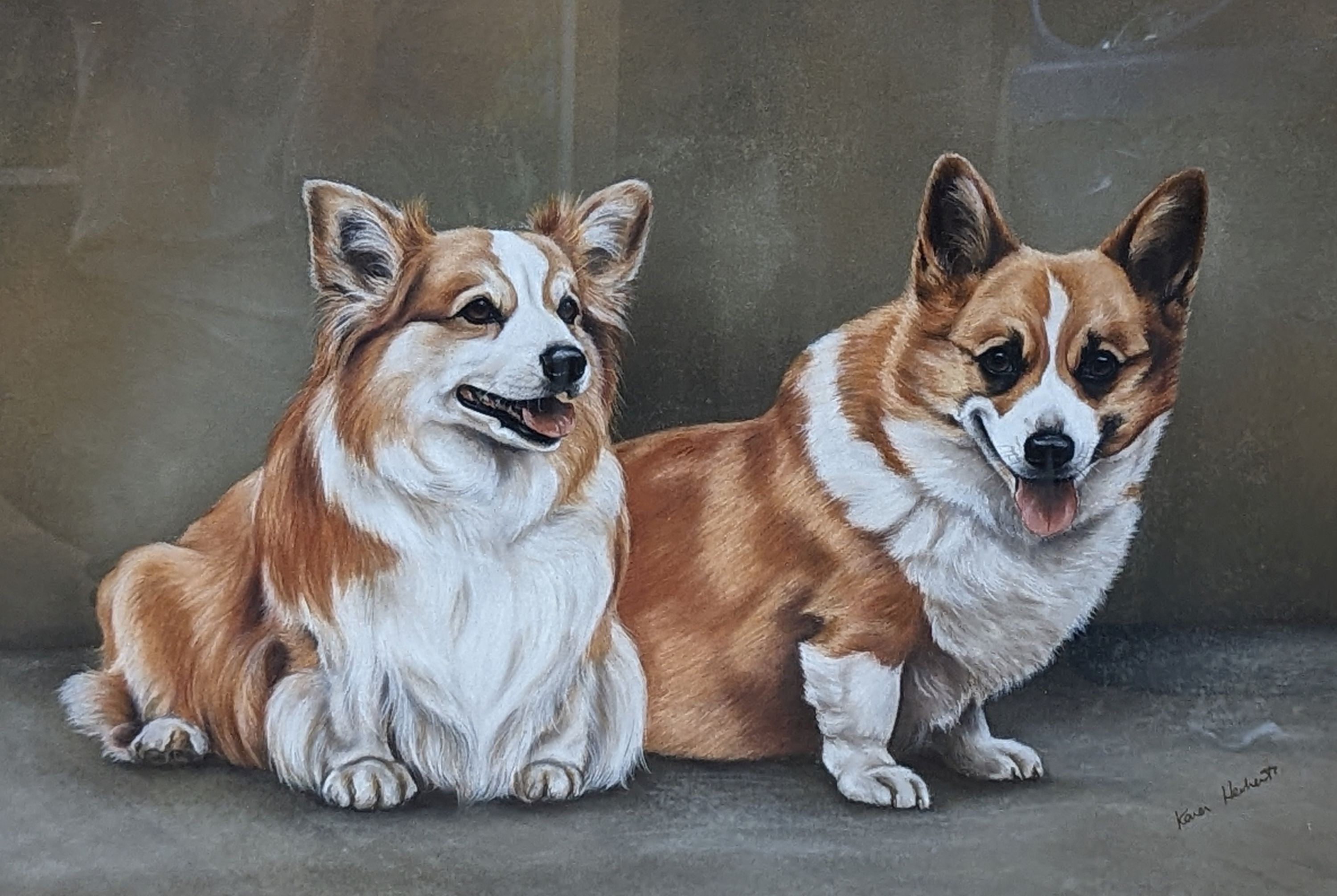 Karen Herbert, pastel, Portrait of two corgis, signed, 40 x 58cm